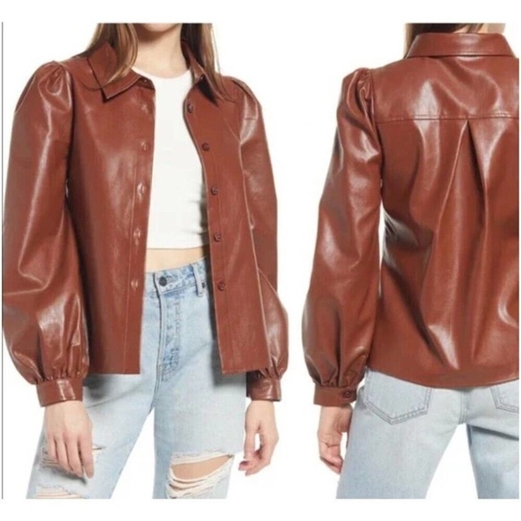 NWT VICI Pleather Vegan Leather Puffed Sleeve Button Down Shirt Caramel Brown M - Picture 2 of 11
